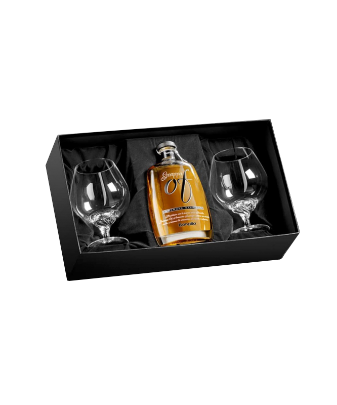 Bonollo - Grappa di Amarone Barrique + Coppia di Bicchieri in Cristallo di  Boemia - Confezione Regalo
